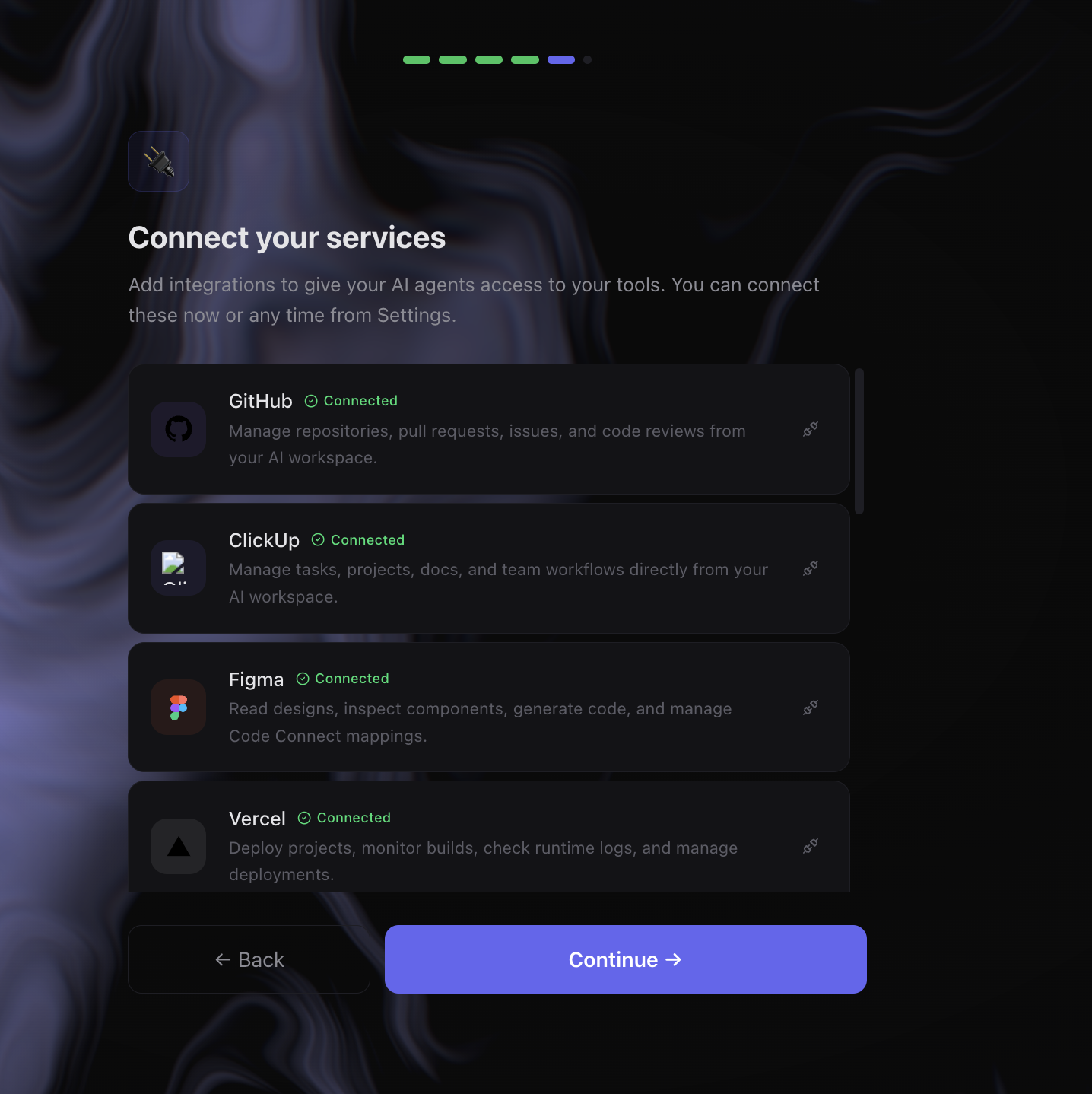 Setup wizard integrations step